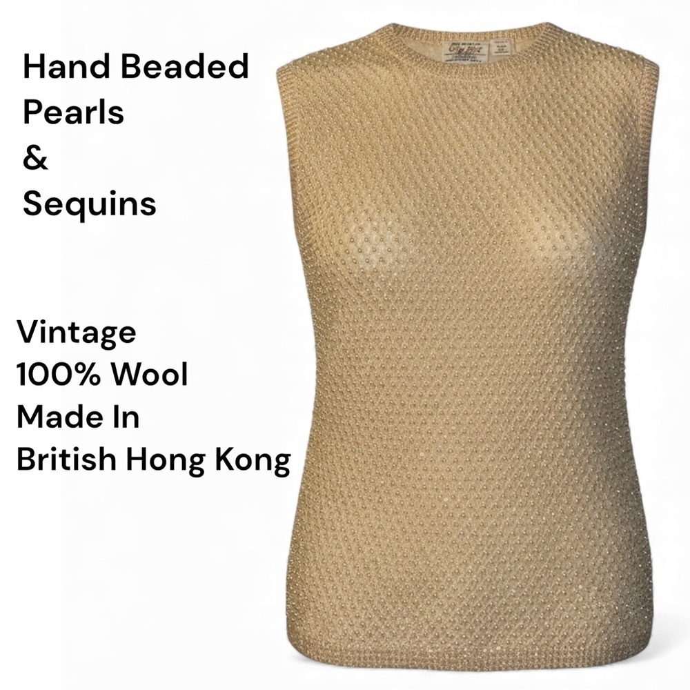Vintage Hand Beaded Pearl Sequin Wool Top Gold Size 40 Hong Kong